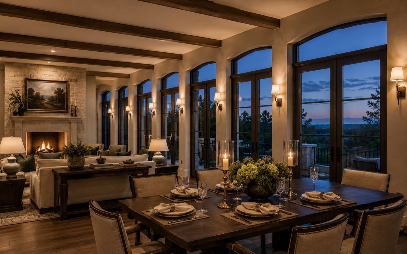 Refined dining and living space at blue hour with warm interior lighting and a rhythmic series of tall terrace doors.