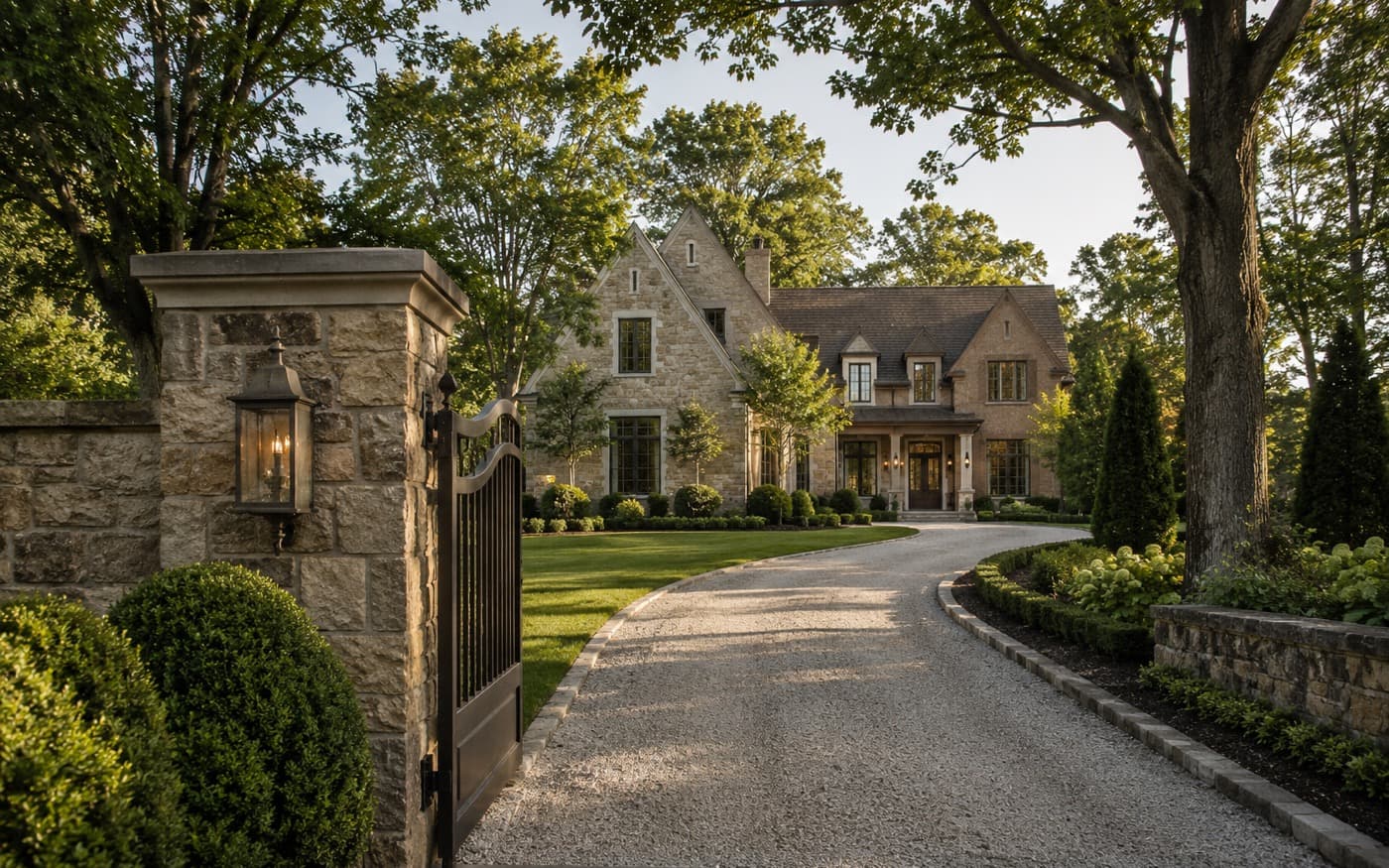 Stone estate home viewed through an open entry gate along a curved, landscaped driveway.