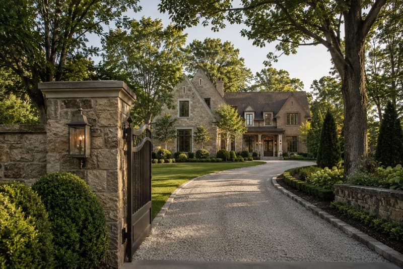 Stone estate home viewed through an open entry gate along a curved, landscaped driveway.