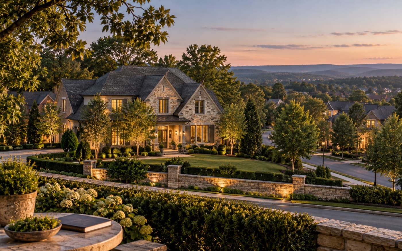 Stone estate home, landscaped gardens and a neighboring street in warm evening light.
