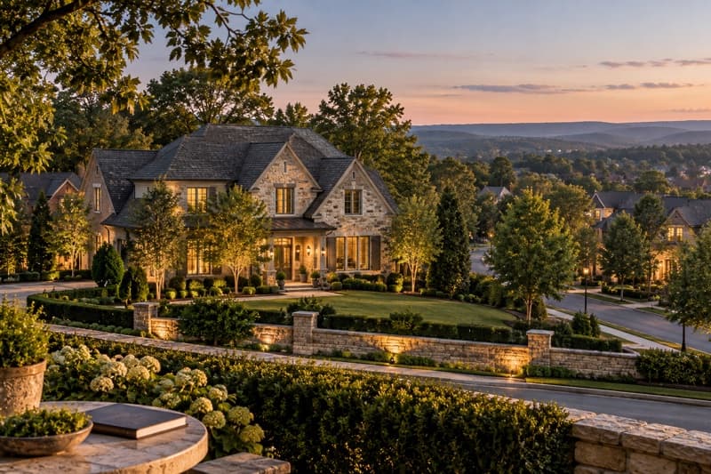 Stone estate home, landscaped gardens and a neighboring street in warm evening light.