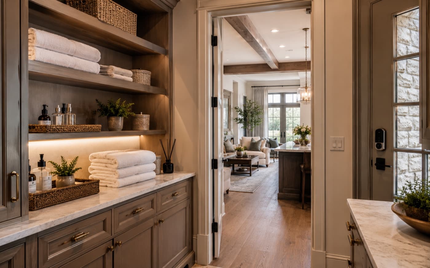 Organized service area with fresh linens opening into a refined, guest-ready home interior.